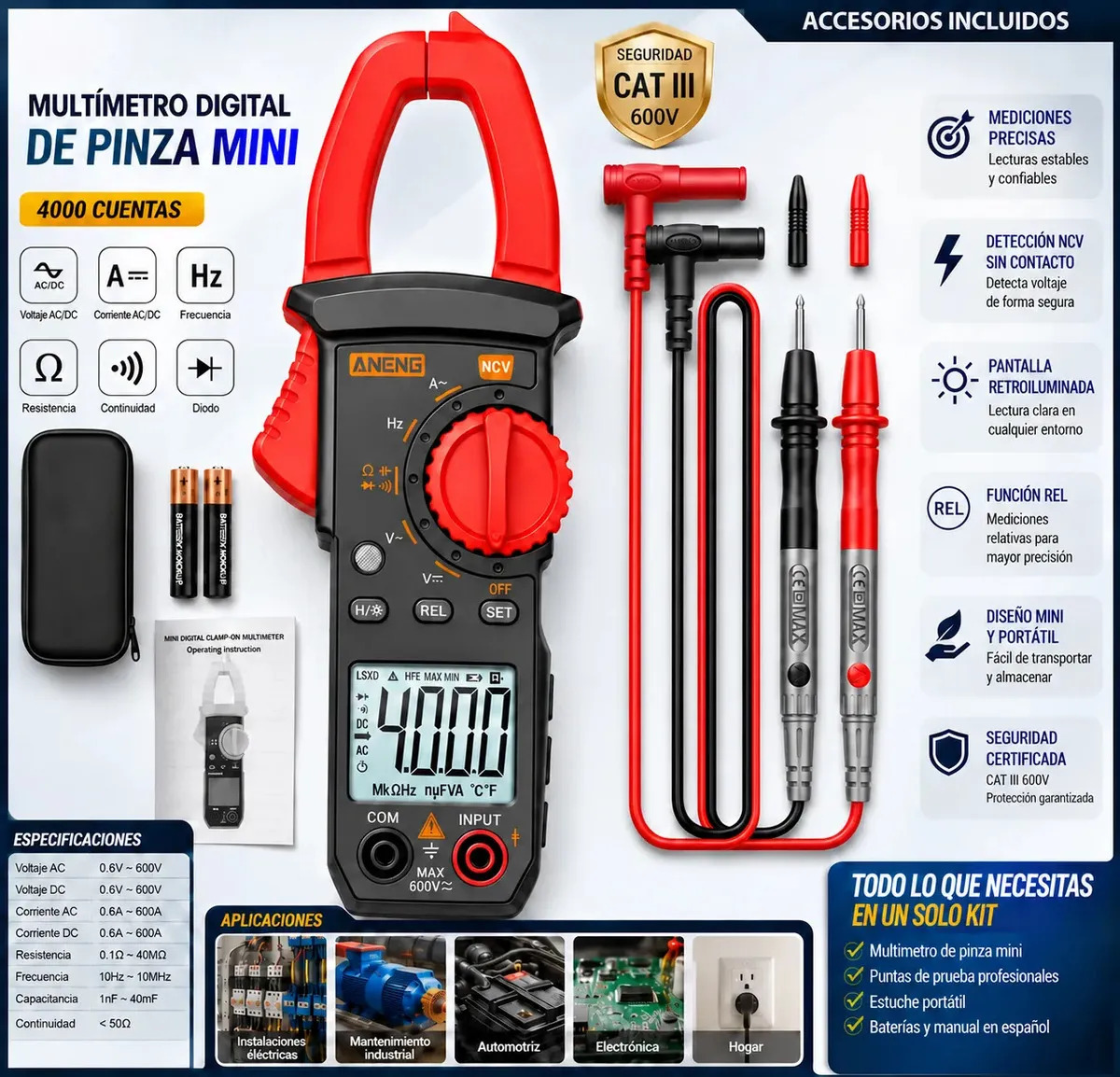 Pinza Amperimétrica Digital ZYLPL con Rango Automático y NCV para CA/CC
