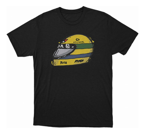 Remera Formula 1 Ayrton Senna Casco Dibujo Algodon Negra