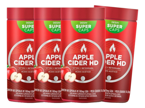 Kit 4 Potes Desinchá Apple Cider Hd Suplemento 60 Cáps 580mg