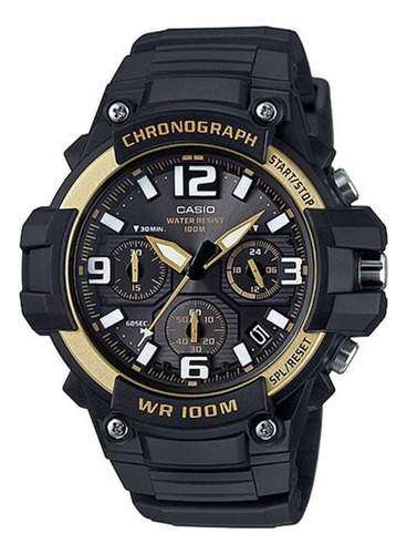 Relógio Casio Masculino Cronógrafo Mcw-100h 9a2 Gold Wr100 Correia Preto Bisel Dourado Fundo Grafite