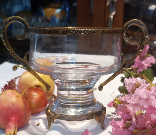Antiguo Centro De Mesa Cristal Y Bronce Impecable N490 (Usado)