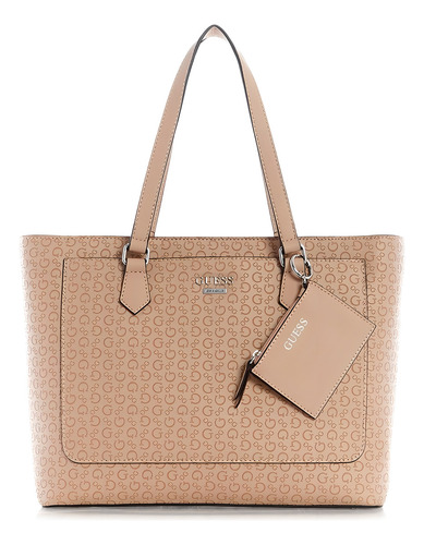 Bolso Guess Tote Cafe Acabado de los herrajes Niquel Color Marrón claro Diseño de la tela Liso