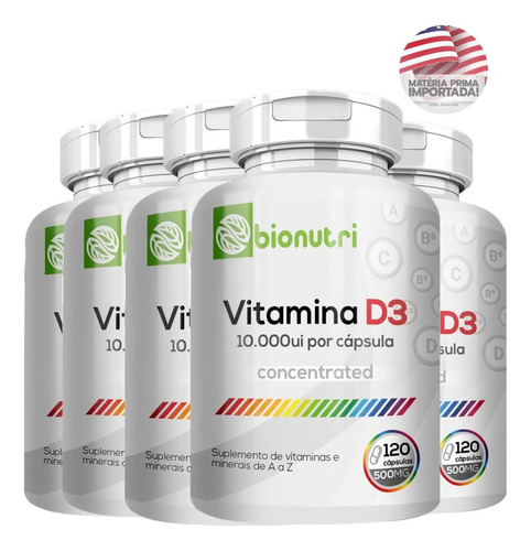 5uni Vitamina D3 10.000 Ui 500mg 100% Puro Atacado 600cáps Sabor Sem sabor