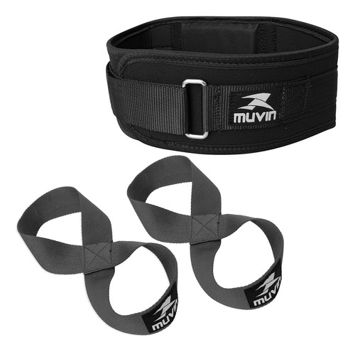 Kit Cinturão Musculação + Strap 8 - Muvin - Apoio Lombar Lpo Cor Cinza Tamanho P