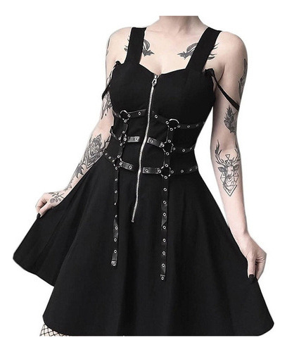 Vestido Punk Gótico Para Mujer Con Cinturón Sin Mangas