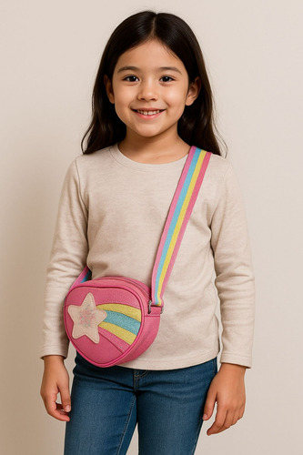 Cartera Bandolera De Niña Nena De Cuero Ecologico Estrella Fucsia Gliter Níquel Multicolor