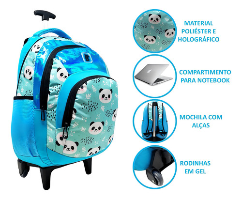 Mochila Bolsa Feminina De Rodinhas Panda Juvenil Azul Linda