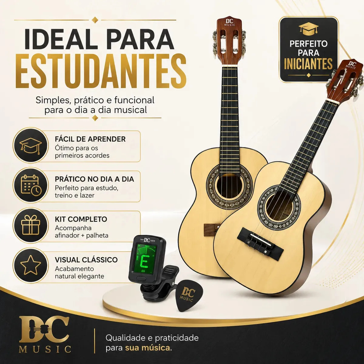 Kit Cavaquinho Acústico Dc Music Natural Estudante Iniciante Com Afinador Digital E Palheta Para Samba Pagode Chorinho