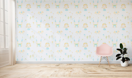 Imagen 2 de 3 de Papel Tapiz Infantil Azul Diseño Princesas Y Castillos