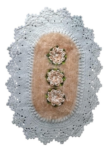 Tapete Luxo De Crochê Branco E Marrom Com Flor Artesanal