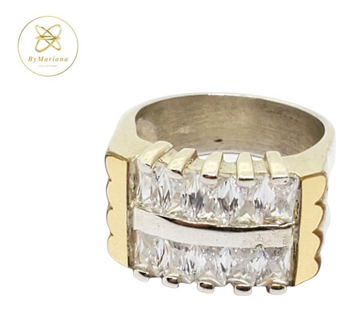 Imagen 5 de 10 de Anillo Plata Y Oro 2 Hileras De Piedras Cubic