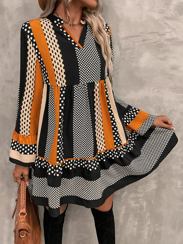 Vestido Smock De Rayas & Con Estampado De Lunares De Manga