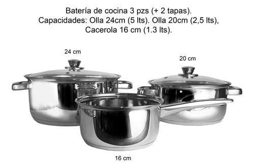 Set 3 Ollas Cacerolas Acero Inoxidable 16/20/24 Cocina Bz3