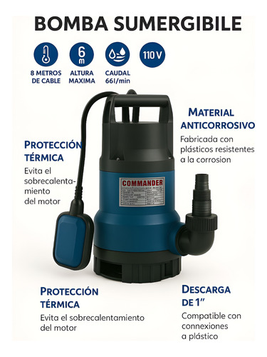 Bomba Sumergible Commander Con Flotador 110v 1/2hp Besp050 Azul