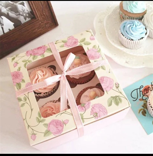 Caja Para 4 Cupcakes Con Visor Y Estampado.pack 12 Unds