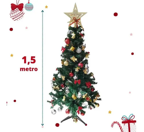 Árvore De Natal Pinheiro 1,5m Decorada 90 Enfeites Pisca Luz Árvore De Natal Pinheiro 1,5m Decorada 90 Enfeites Pisca Luz