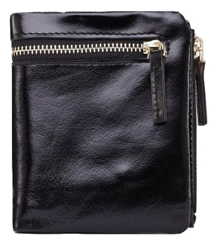 Cartera Billetera Doble Monedero Hombre Mujer Piel Genuina Color Negro-negro Diseño De La Tela Liso