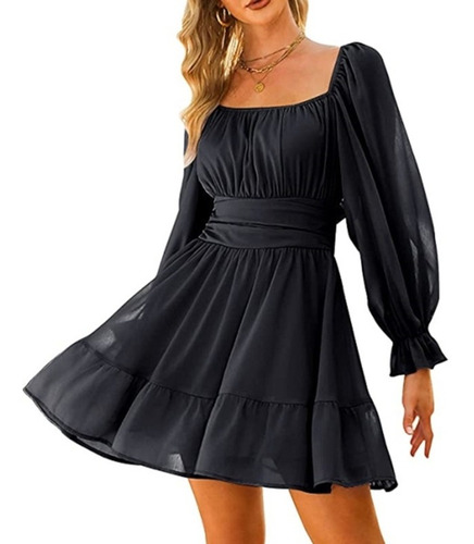 Vestido De Vuelo De Manga Larga Con Cuello Cuadrado Y Cintur | Cuotas sin interés Vestido De Vuelo De Manga Larga Con Cuello Cuadrado Y Cintur | Cuotas sin interés