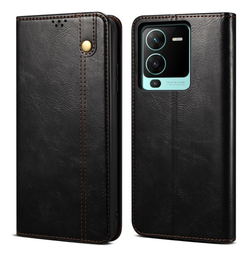 Black Oil Wax Texture Leather Case For Vivo V25 Pro