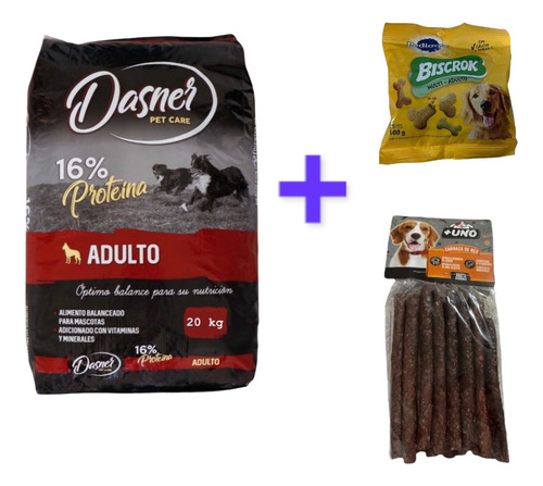 Croquetas Dasner Perro Adulto 20kg + Carnaza+galletas 100gr