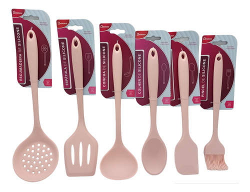 Kit Cozinha Talheres Silicone Utensílios Cozinha 6 Peças Cor Rosa