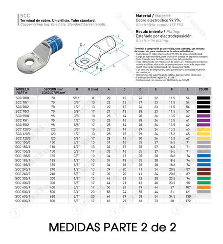 Terminal De Cobre Estañado 16mm Scc 16/2 Ojal 5/16 8mm Lct