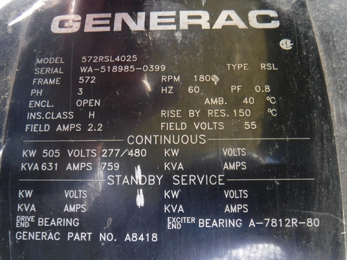 Imagen 10 de 12 de Generador De Corriente Genera 505kw 631kva Folio 13382