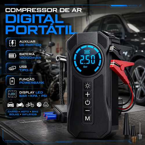 Mini Compressor De Ar Portátil Bateria Emergência Ignição Automotiva Potente Preto Compacto