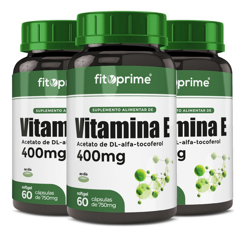Imagem 1 de 3 de Kit 3 Vitamina E 400mg 400ui Por Cápsula Com 60 Cápsulas