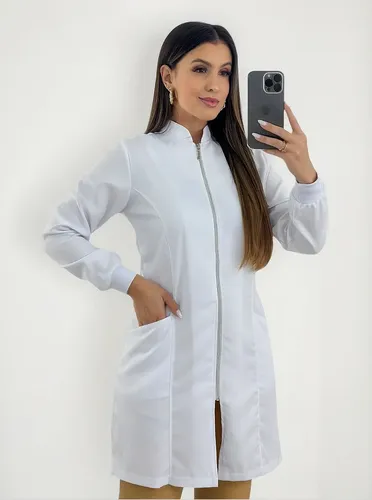 Jaleco Feminino Manga Longa Gabardine C/ziper E Punho
