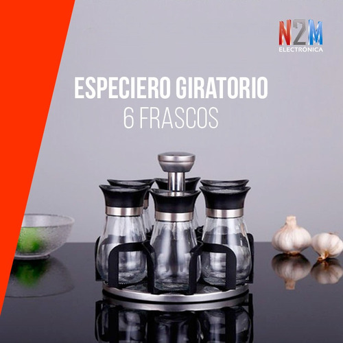 Imagen 6 de 10 de Set Condimentero Especiero Giratorio 6 Frascos Vidrio Acero