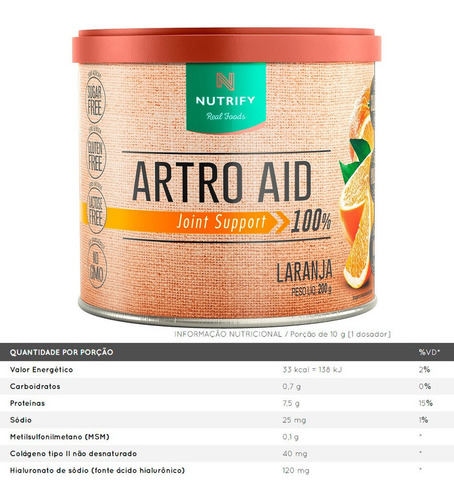 Suplemento Em Pó Nutrify Colágenos Artro Aid Joint Support Apoio Articular Tipo I Tipo Articulações Ácido Hialurônico Nutrientes Para Sabor Laranja Em Pote De 200ml