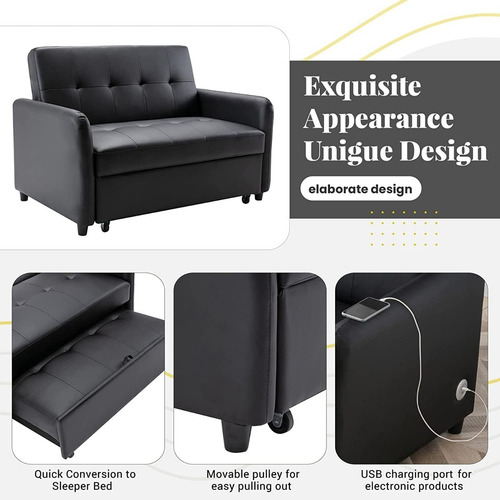 Sofa Convertible 3 En 1 Color Negro Usb Marca Gynsseh