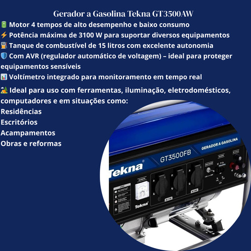 Gerador Tekna Gt3500fb Bivolt 4 Tempos Camping E Ferramentas