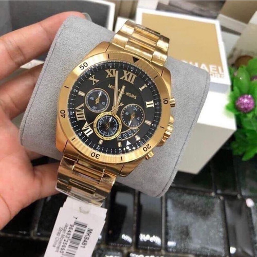 Michael Kors Mk8481 Brecken, correa de reloj negra duradera para hombre, color dorado, bisel, color dorado