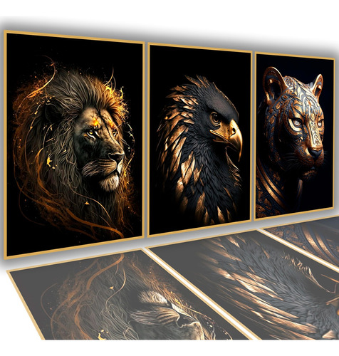 Quadro Decorativo Metal Nordico Ouro Leao Aguia Tigre 3 Peça