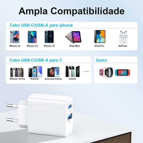 Carregador De Parede 1hora Pd 20w Porta Tipo Usb A+c Branco
