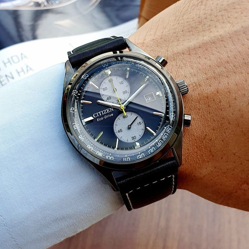 Citizen Chandler Black Leather Chrono Ca7027-08e Color de la correa Negro Color del bisel Plata Color del fondo Negro
