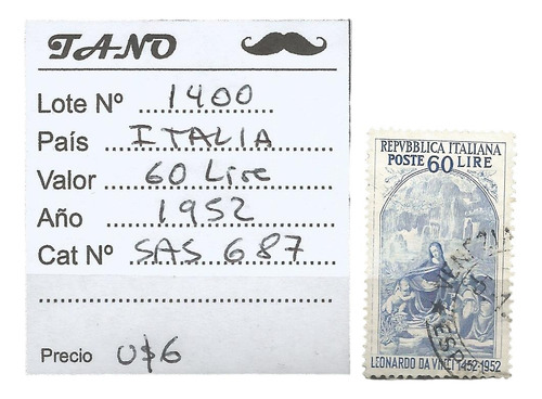 Lote1400 Italia 60 Liras Año 1952 Sas# 687 Da Vinci