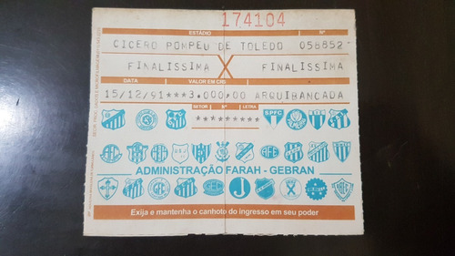 Ingresso Futebol Final São Paulo Campeão Paulista 1991