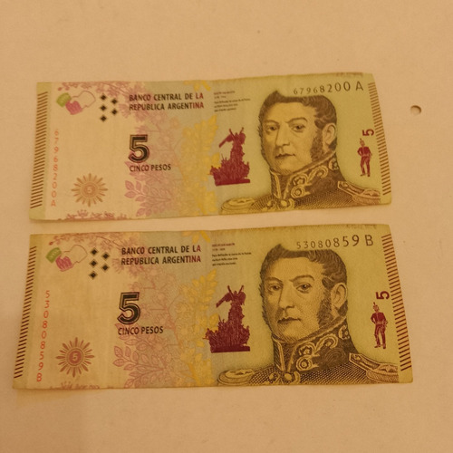 Lote X 2 Billetes 5 Pesos Argentinos Diseño Nuevo