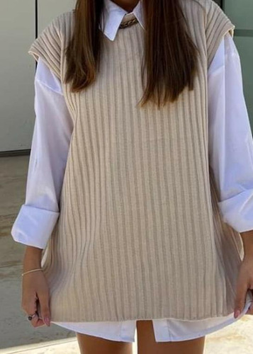 Chaleco De Lana Antialérgico Beige A Mano Elástico Largo