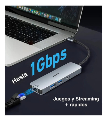 Adaptador Hub Usb 6 En 1 Usb-c Hdmi Rj45 Usb 3.0 Usb-c Pd Gris