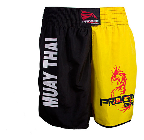 Short Muay Thai Calção Progne Masculino Preto E Amarelo