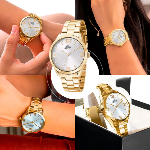 Relogio Feminino Dourado Aço + Caixa + Pulseira + Colar