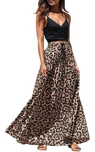 Mujer Leopardo Printado Largo Cordón Plisado Talle Al [u]