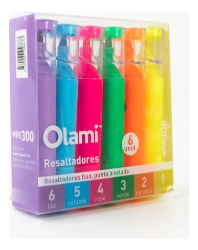 Resaltadores Punta Chata Olami Pack X6 Fluo Neon Pastel Surtido