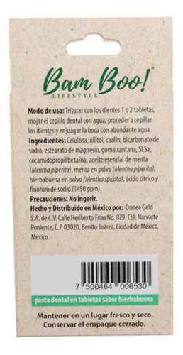 Pasta Dental Sólida De Hierbabuena 90 Tabletas Bam Boo!