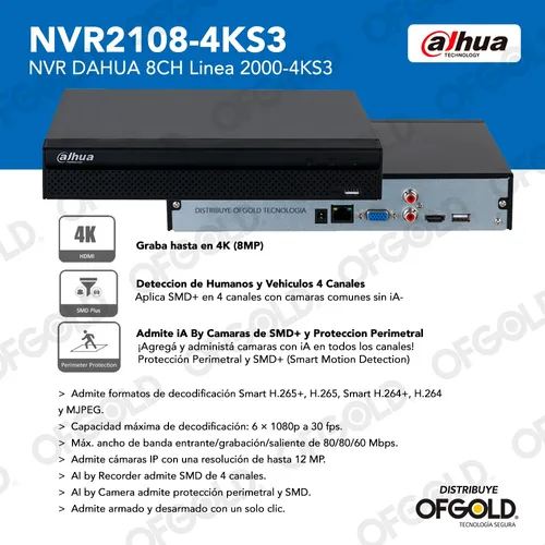 Nvr Dahua 8ch 4k 12mp Inteligencia Smd 80mps H.265+ Onvif