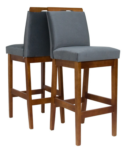 Conjunto 2 Banquetas Altas De Veludo Kit Cinza Estofada Acabamento Da Estrutura Verniz Cor Cinza-escuro